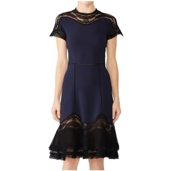 Jonathan Simkhai Navy & Black Lace Appliqué Ruffle Hem Cocktail Dress Size 10 - Picture 1 of 13